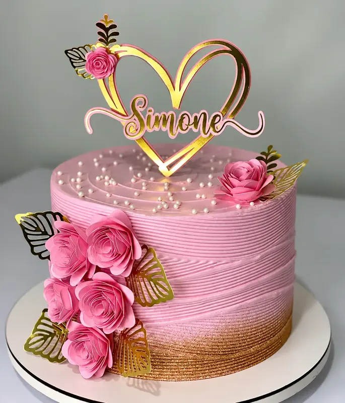Topo de Bolo Personalizado 3D – Flores e Coração